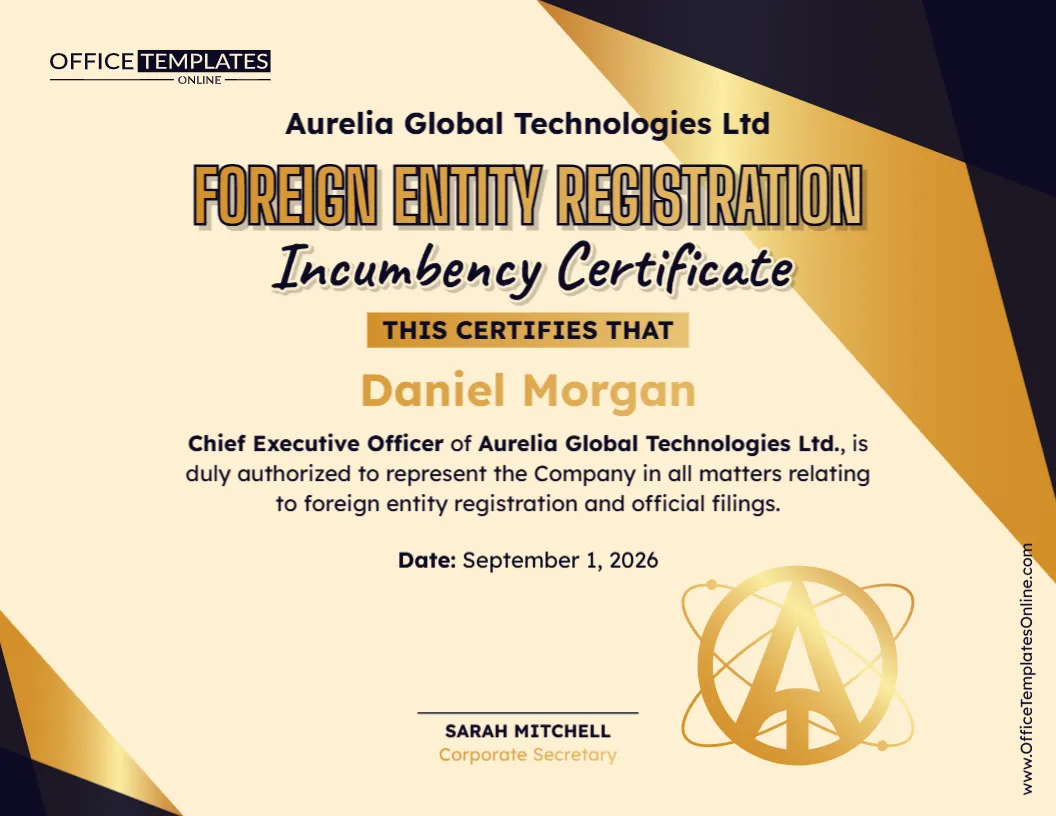 Foreign Entity Registration Incumbency Certificate Template