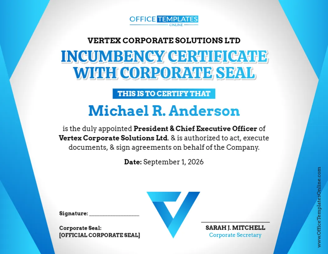 Incumbency Certificate with Corporate Seal Template