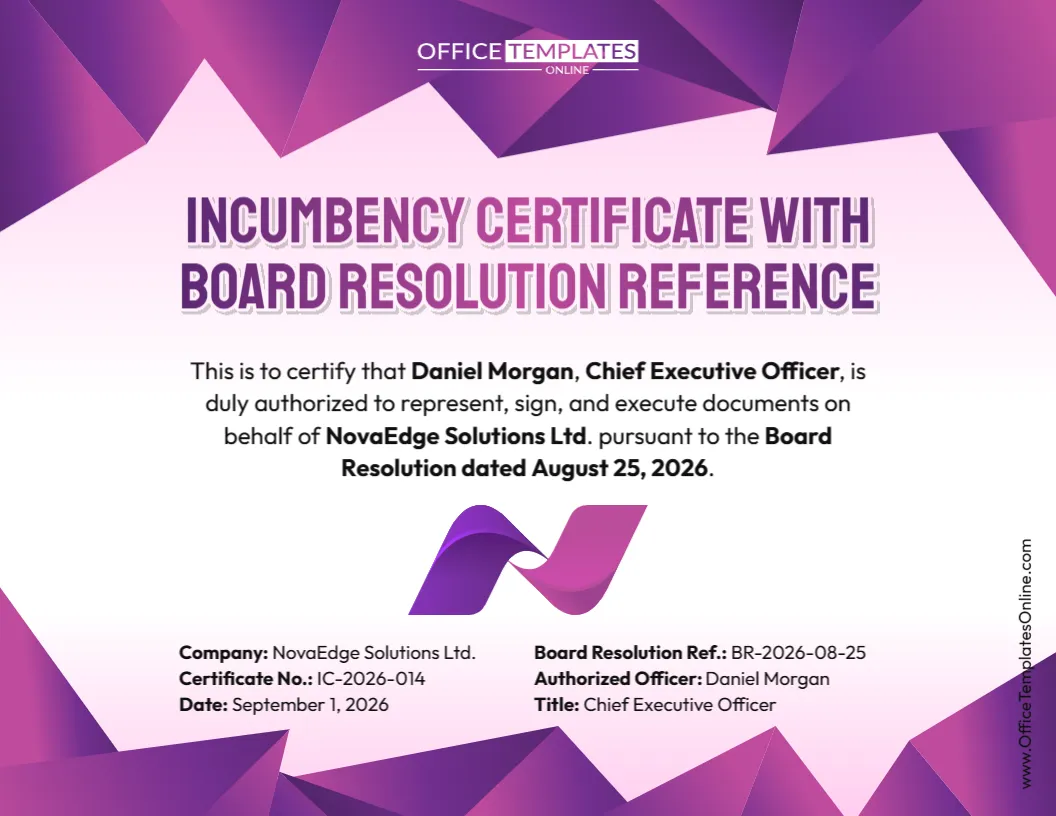 Incumbency Certificate with Board Resolution Reference Template