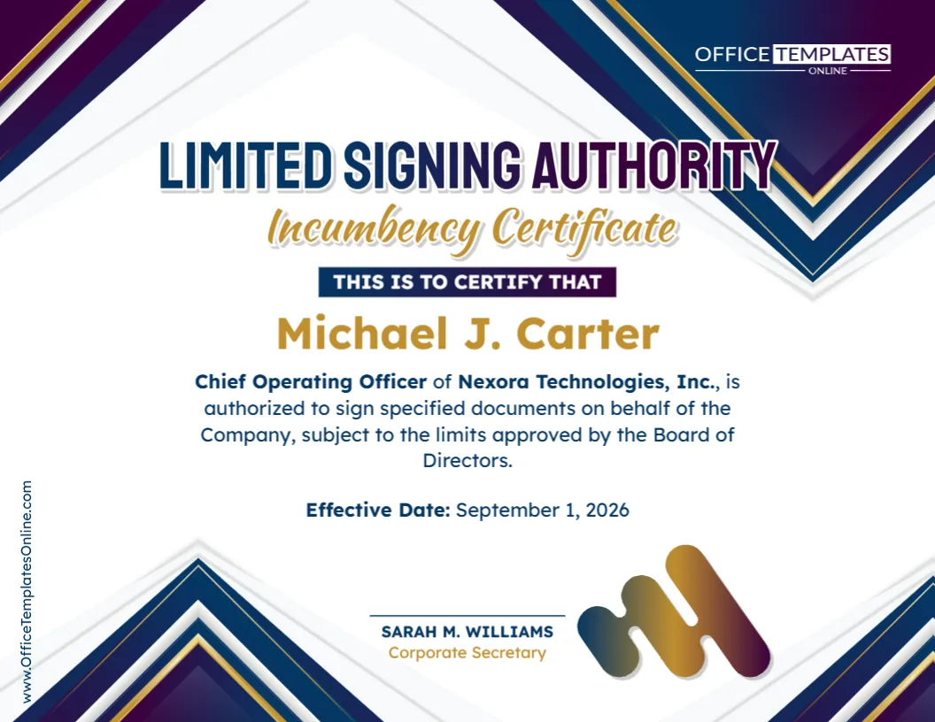 Limited Signing Authority Incumbency Certificate Template