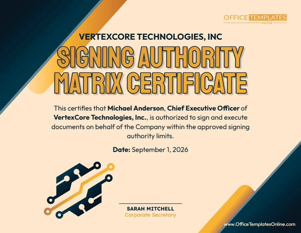 Signing Authority Matrix Certificate Template