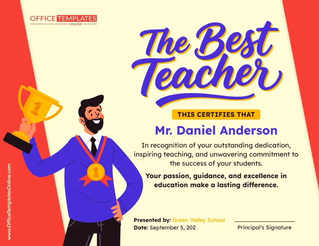 Editable Best Teacher Award Certificate Template