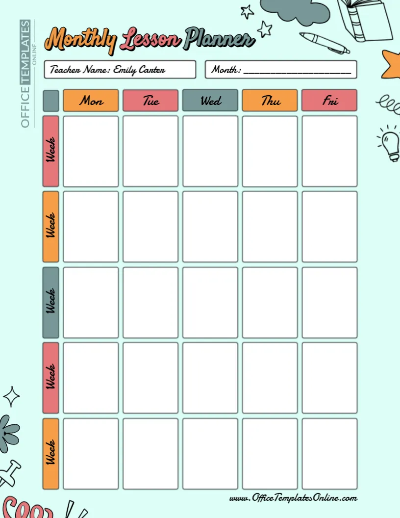 Free Monthly Lesson Planner Template for Teachers – Edit Online