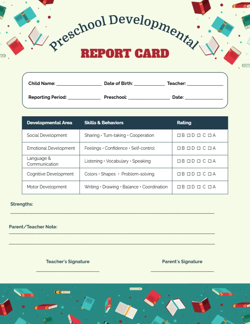 Preschool Developmental Report Card Template