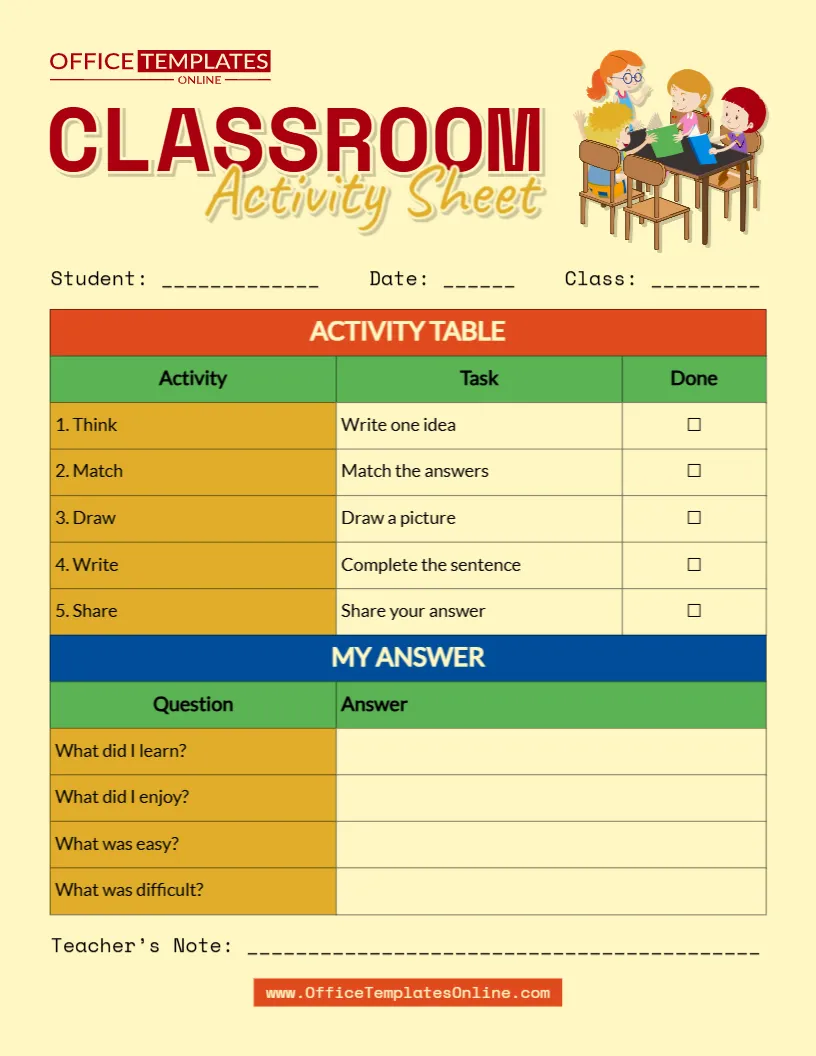 Editable Classroom Activity Sheet Template for Students