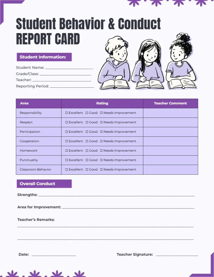 Student Behavior & Conduct Report Card Template