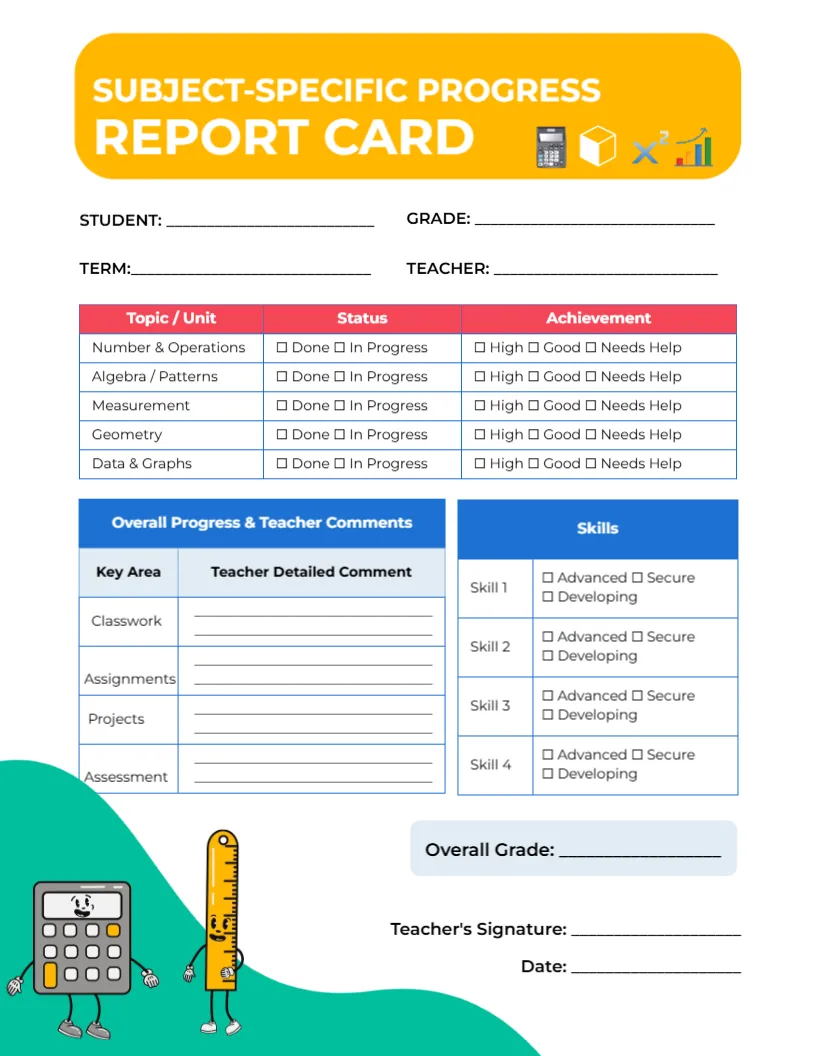 Subject-Specific Progress Report Card Template