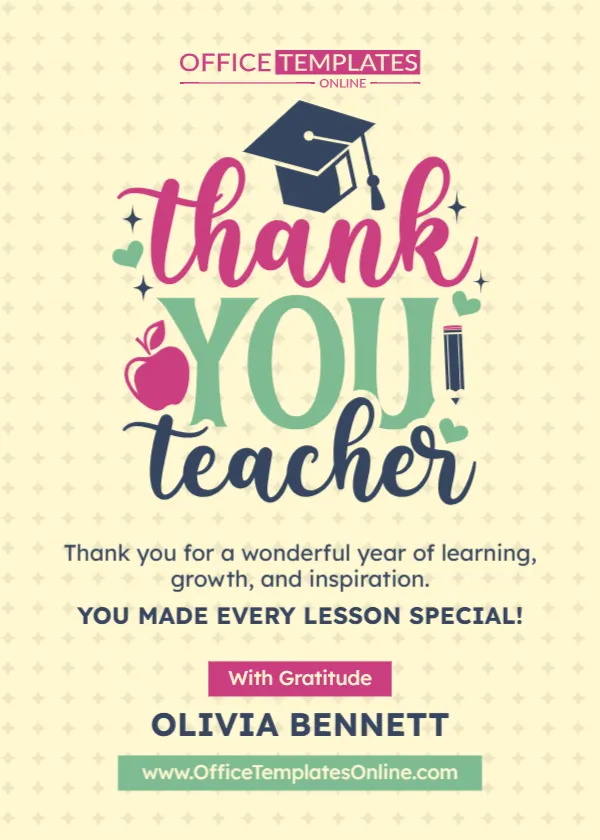 End-of-Year Teacher Thank You Card Template – Editable Appreciation Card