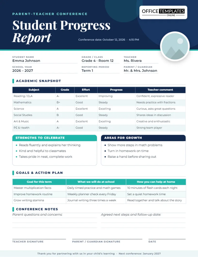 Parent-Teacher Conference Progress Report Template (8.5 x 11 in)