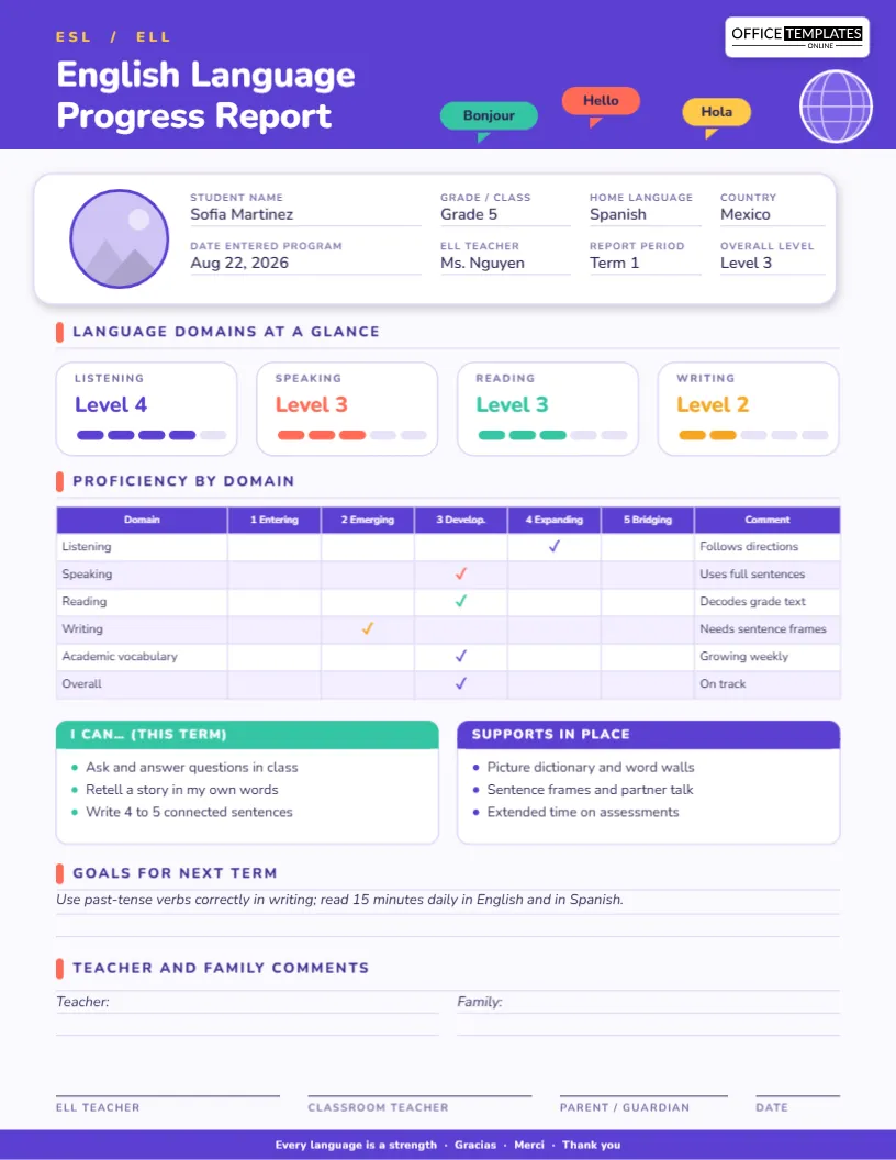 ESL / ELL Student Progress Report Template – Editable