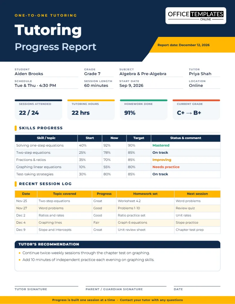 Tutoring Progress Report Template – Editable