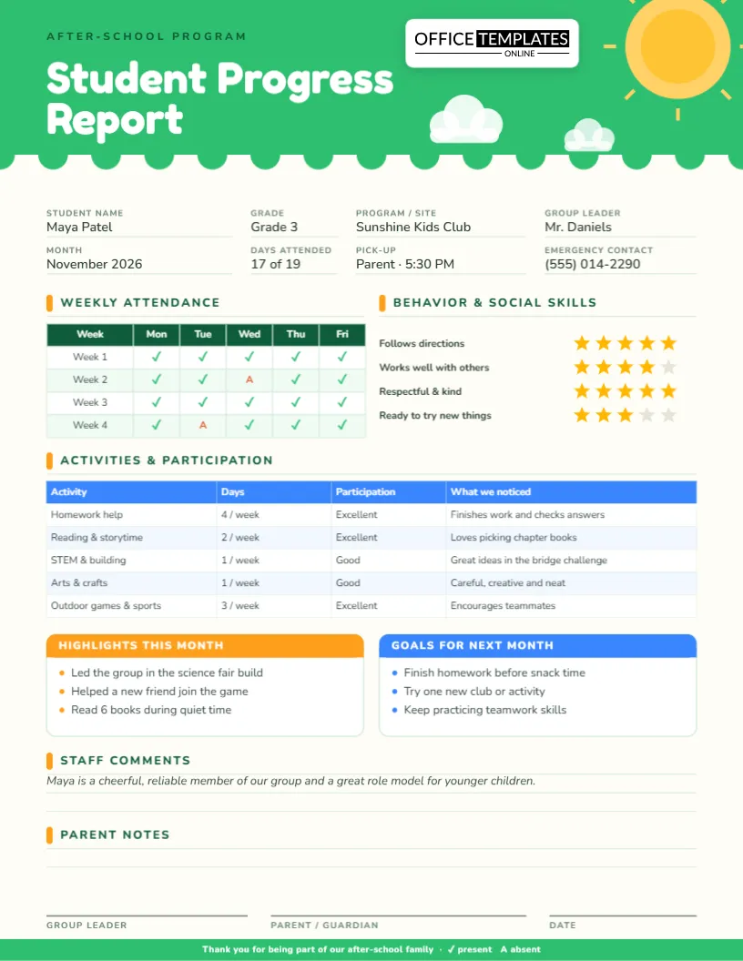 After-School Student Progress Report Template