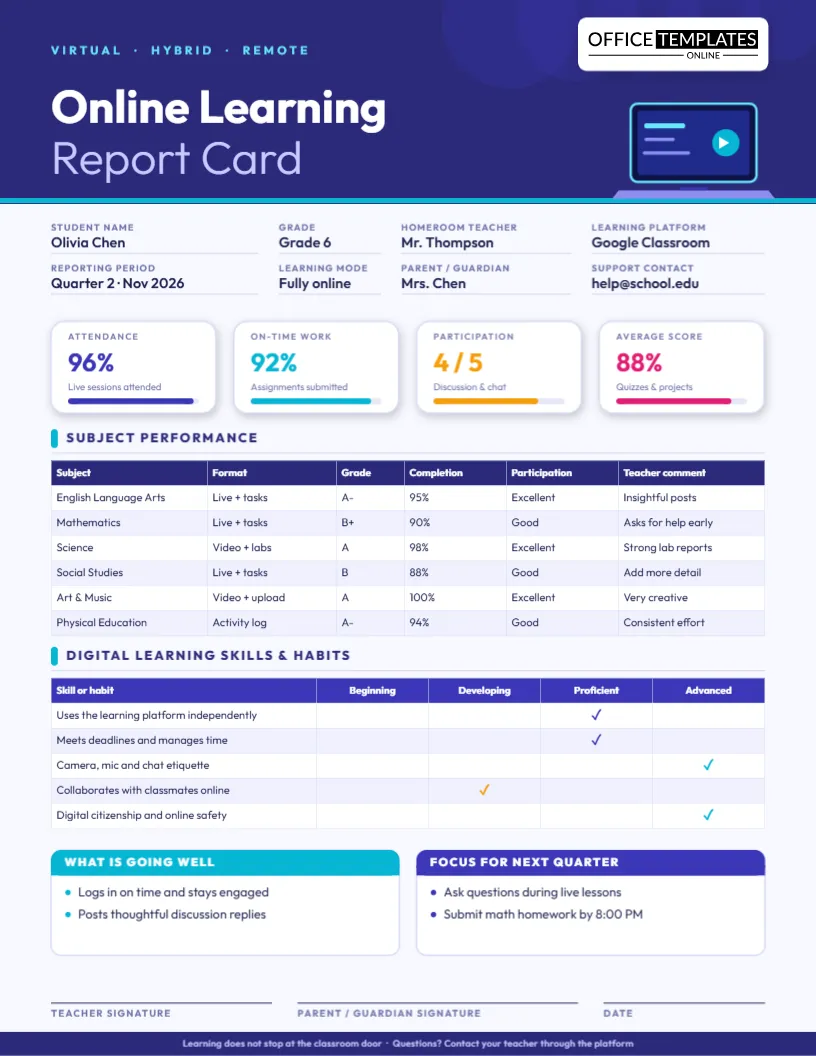 Online Virtual Learning Report Card Template – Editable