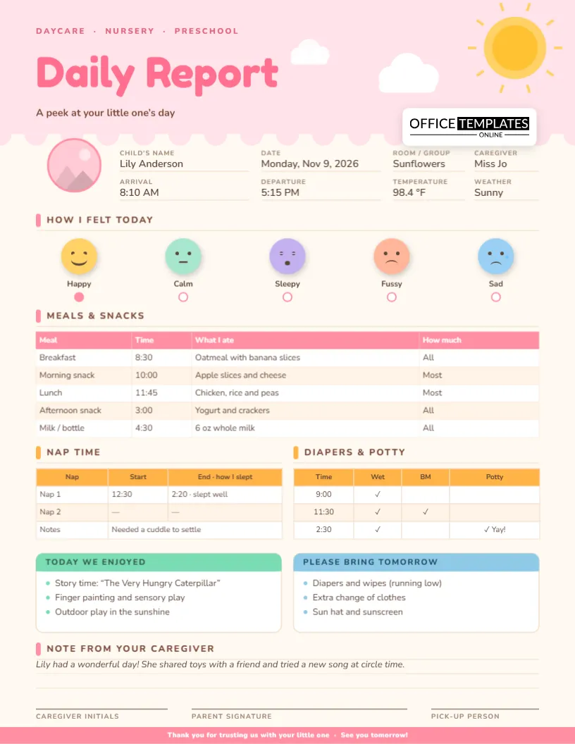 Daycare Nursery Daily Report Template – Editable