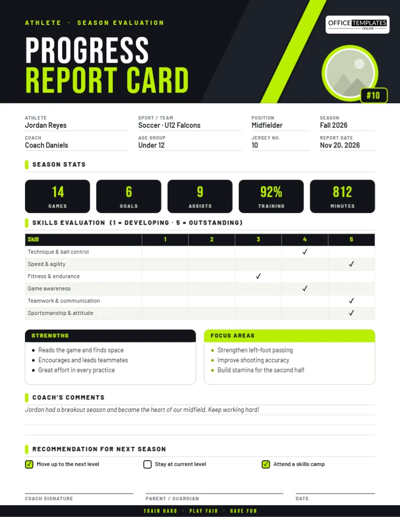 Sports Athletic Progress Report Card Template
