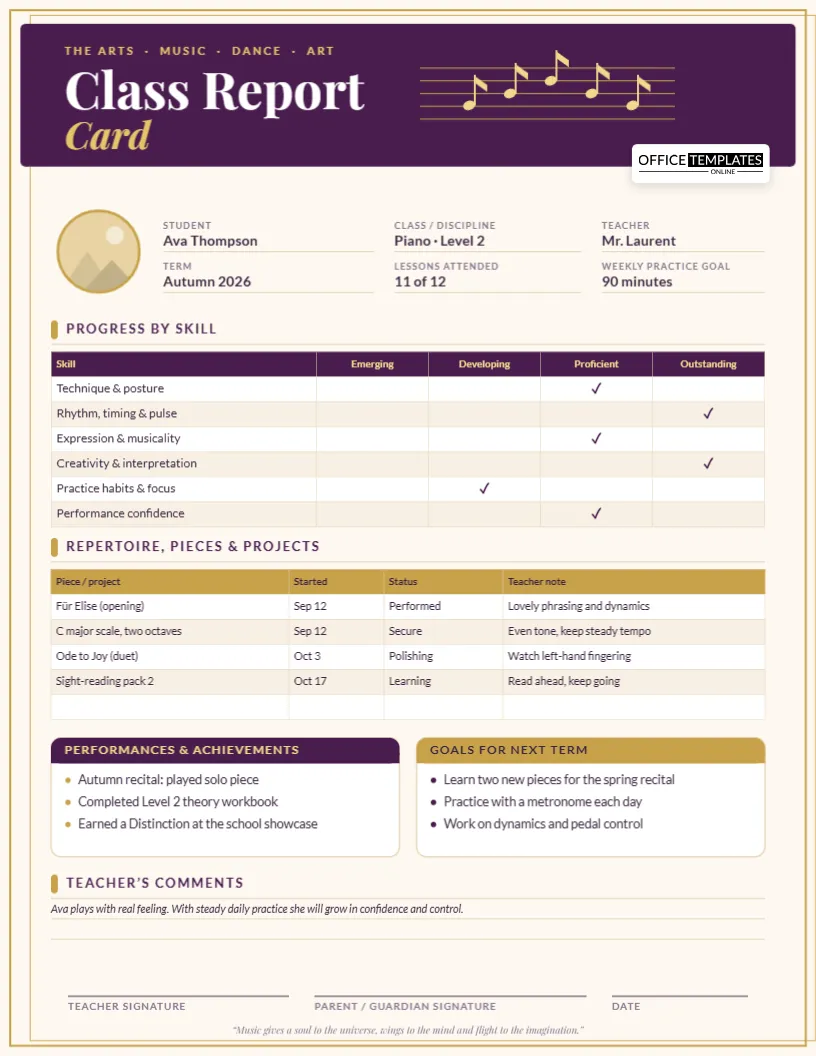Music, Dance & Art Class Report Card Template