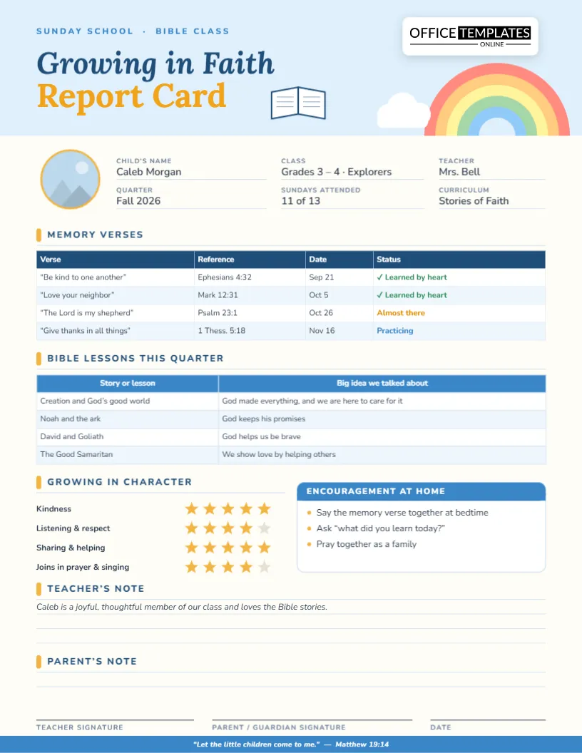 Sunday School Bible Class Report Card Template