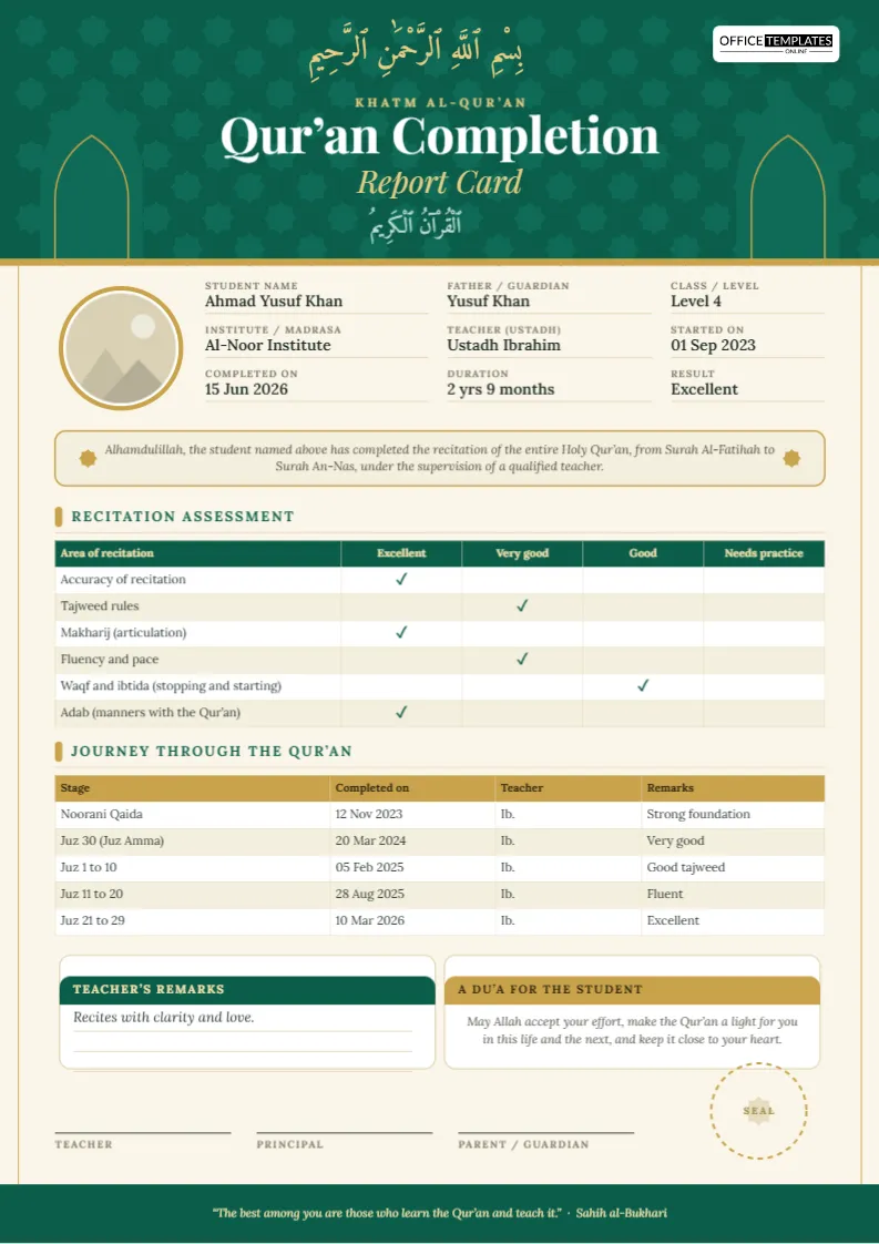 Quran Completion (Khatm) Report Card Template