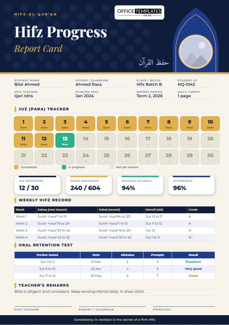 Hifz Progress Report Card Template