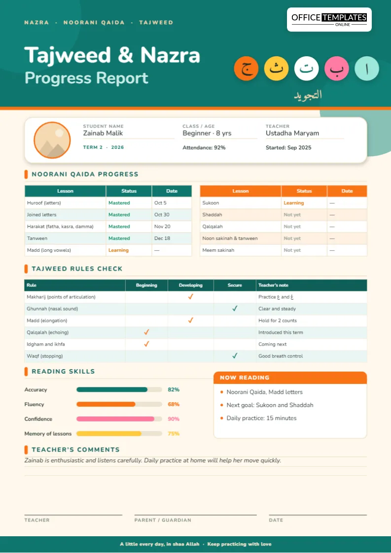 Tajweed and Nazra Progress Report Template
