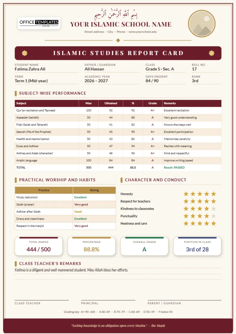 Islamic Studies Report Card Template for Madrasas and Schools