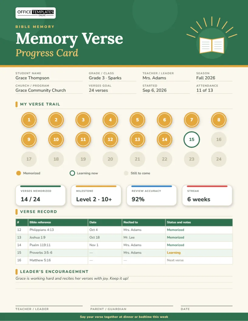 Bible Memory Verse Progress Card Template