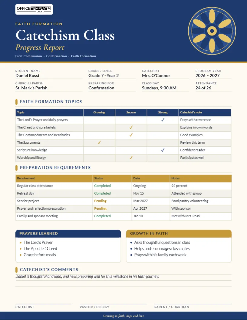 Catechism Class Progress Report Template