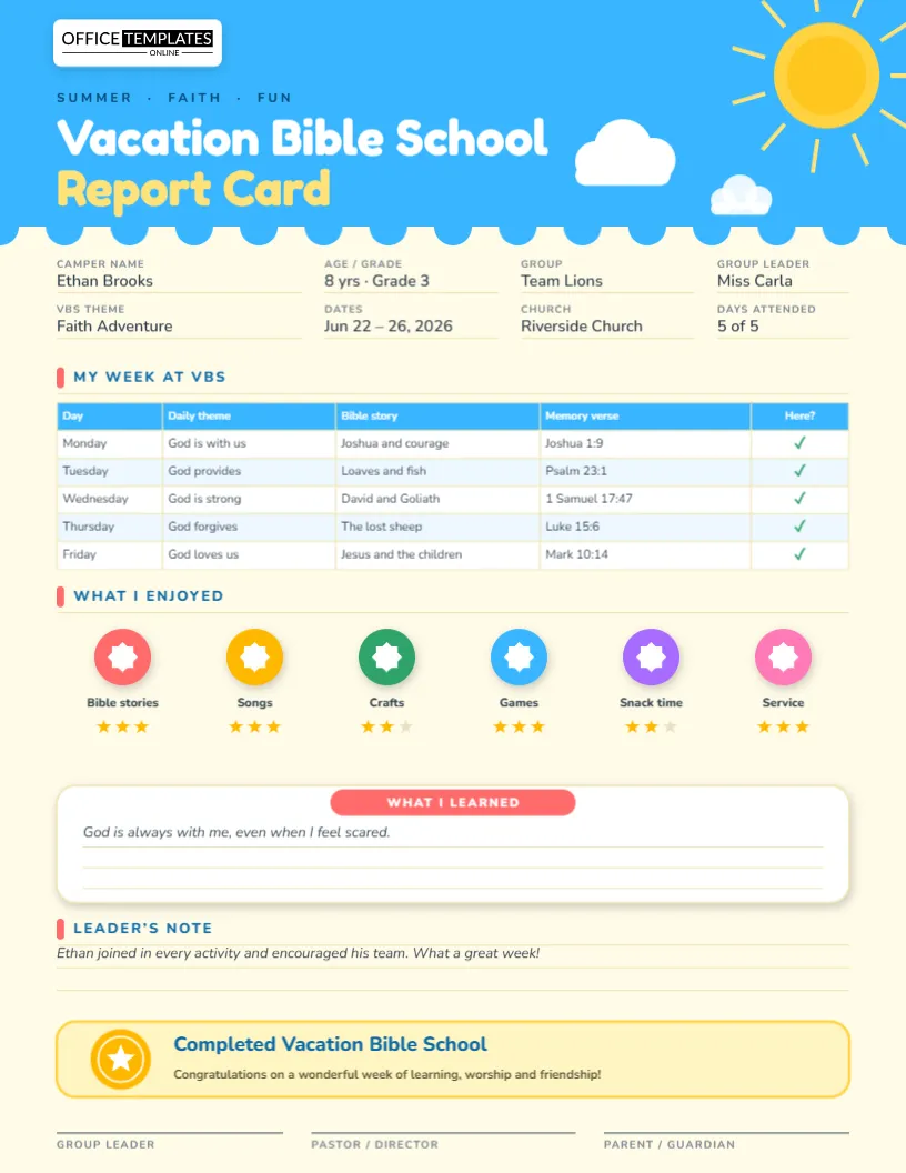 Vacation Bible School Report Card Template