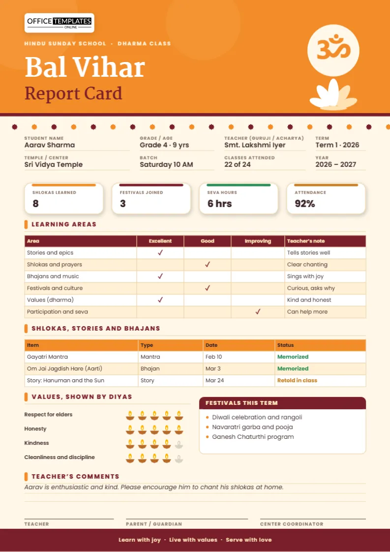 Bal Vihar Report Card Template for Hindu Sunday Schools