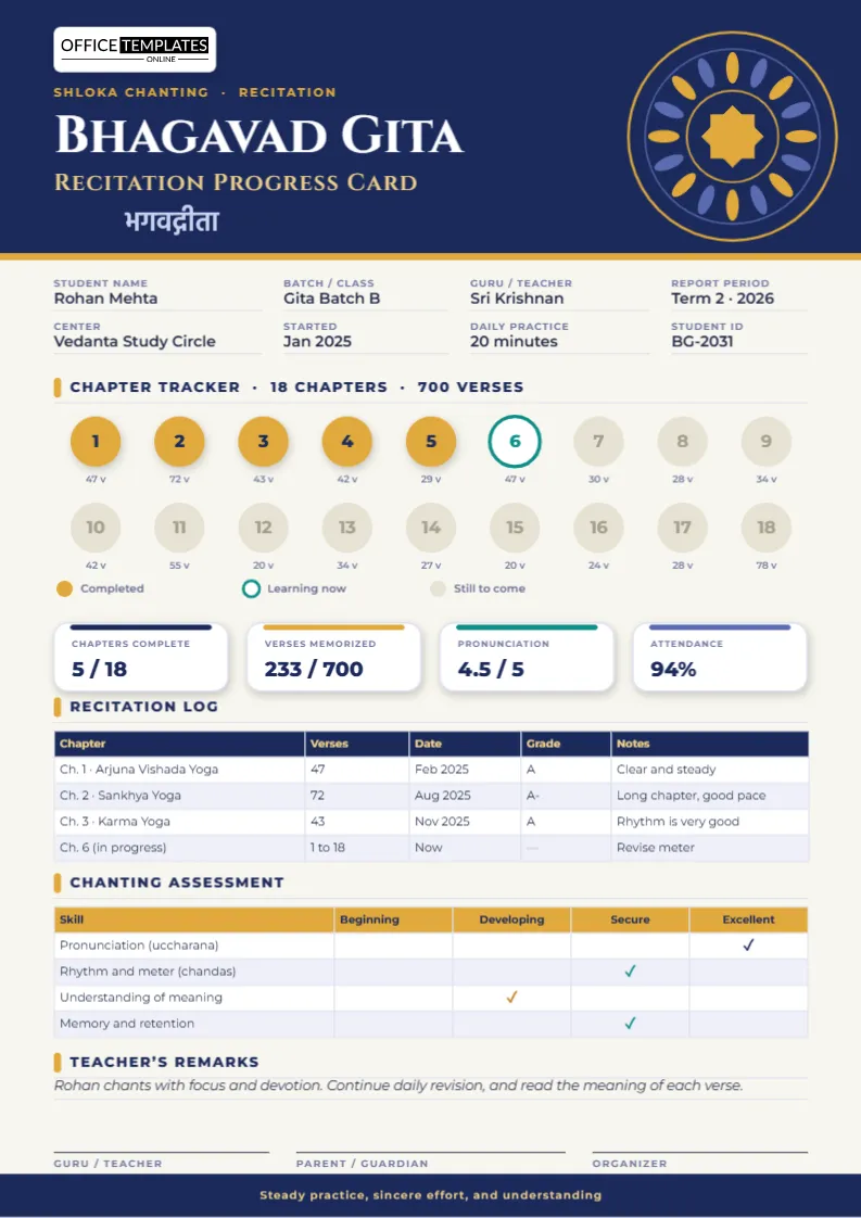 Bhagavad Gita Recitation Progress Card Template