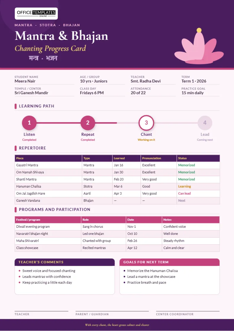 Mantra and Bhajan Chanting Progress Card Template