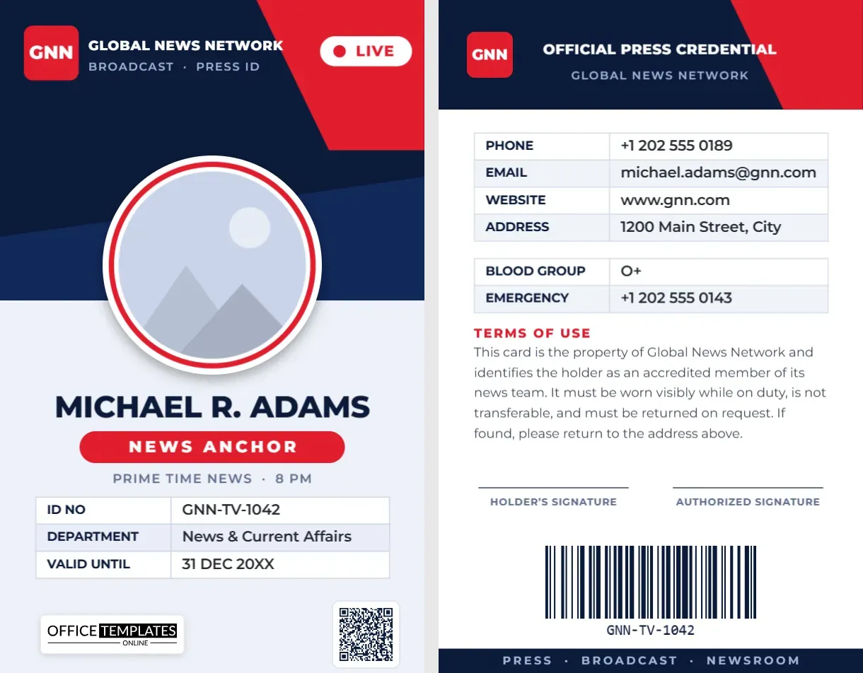 TV News Anchor ID Card Template with QR Code and Barcode