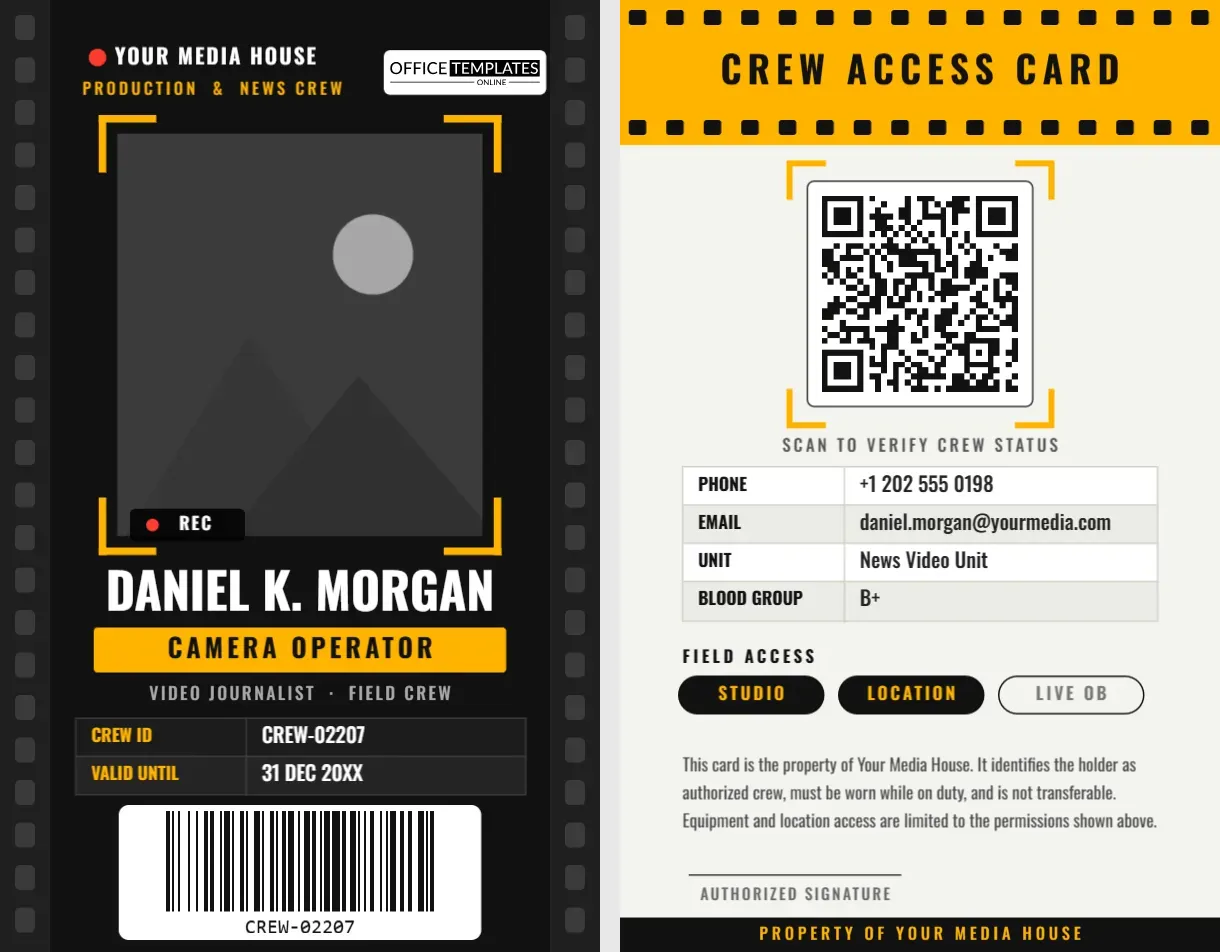 Camera Operator and Video Journalist ID Card Template
