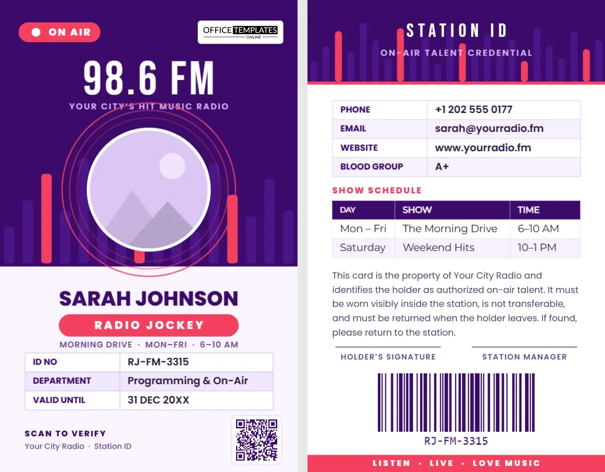 Radio Jockey ID Card Template for RJs and Broadcasters