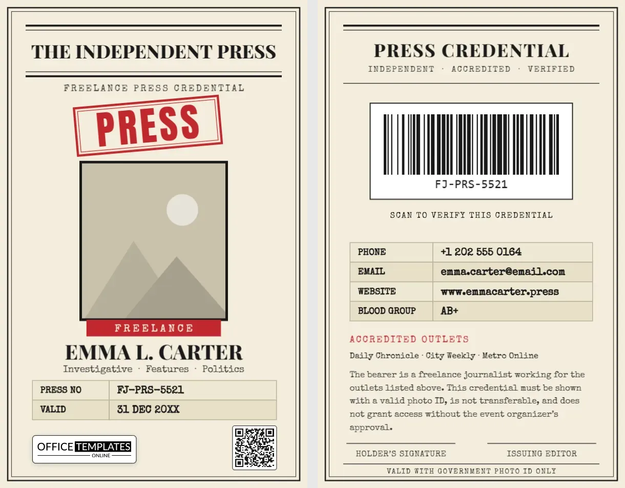 Freelance Journalist Press Pass ID Card Template