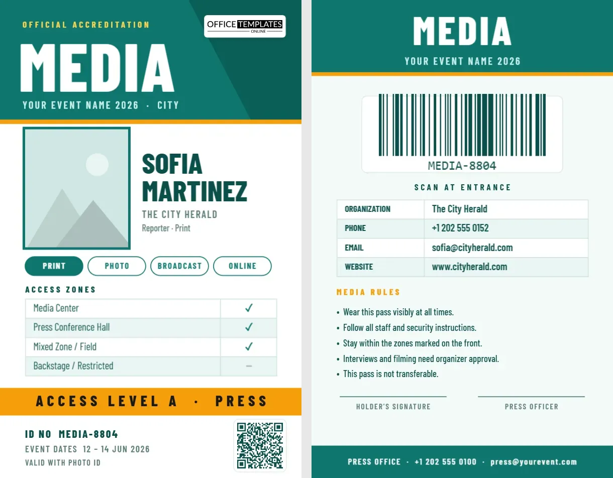 Media Event Accreditation Pass Template with QR Code