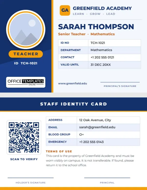 Horizontal Teacher ID Card Template – Landscape School ID