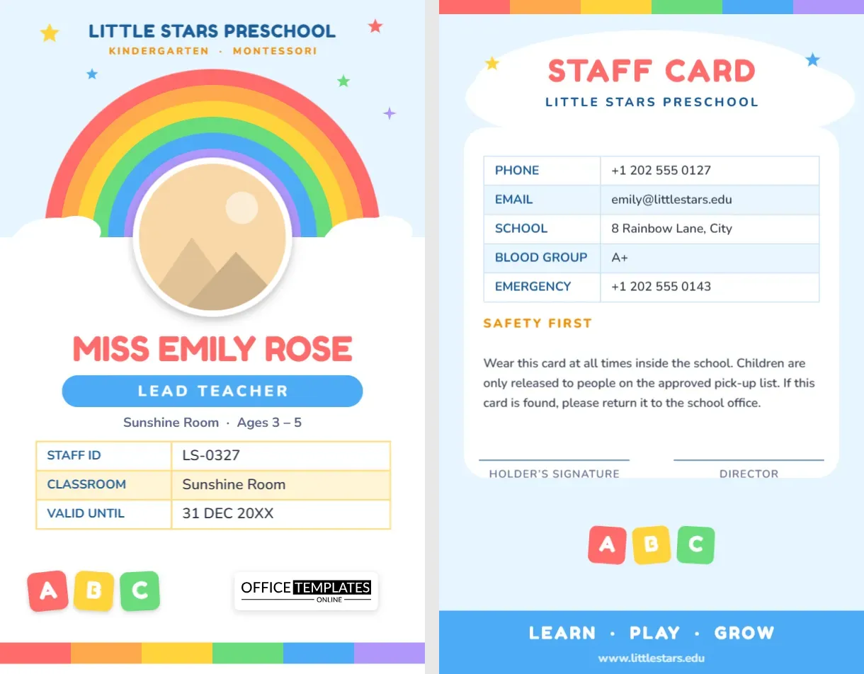 Preschool and Kindergarten Teacher ID Card Template
