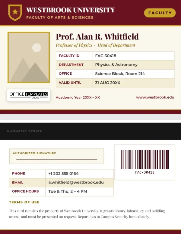 College and University Professor ID Card Template