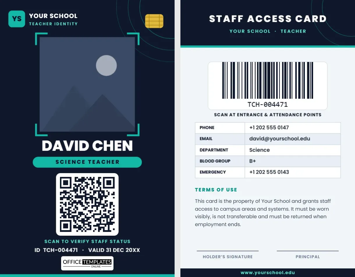Teacher ID Card with QR Code and Barcode – Smart School ID