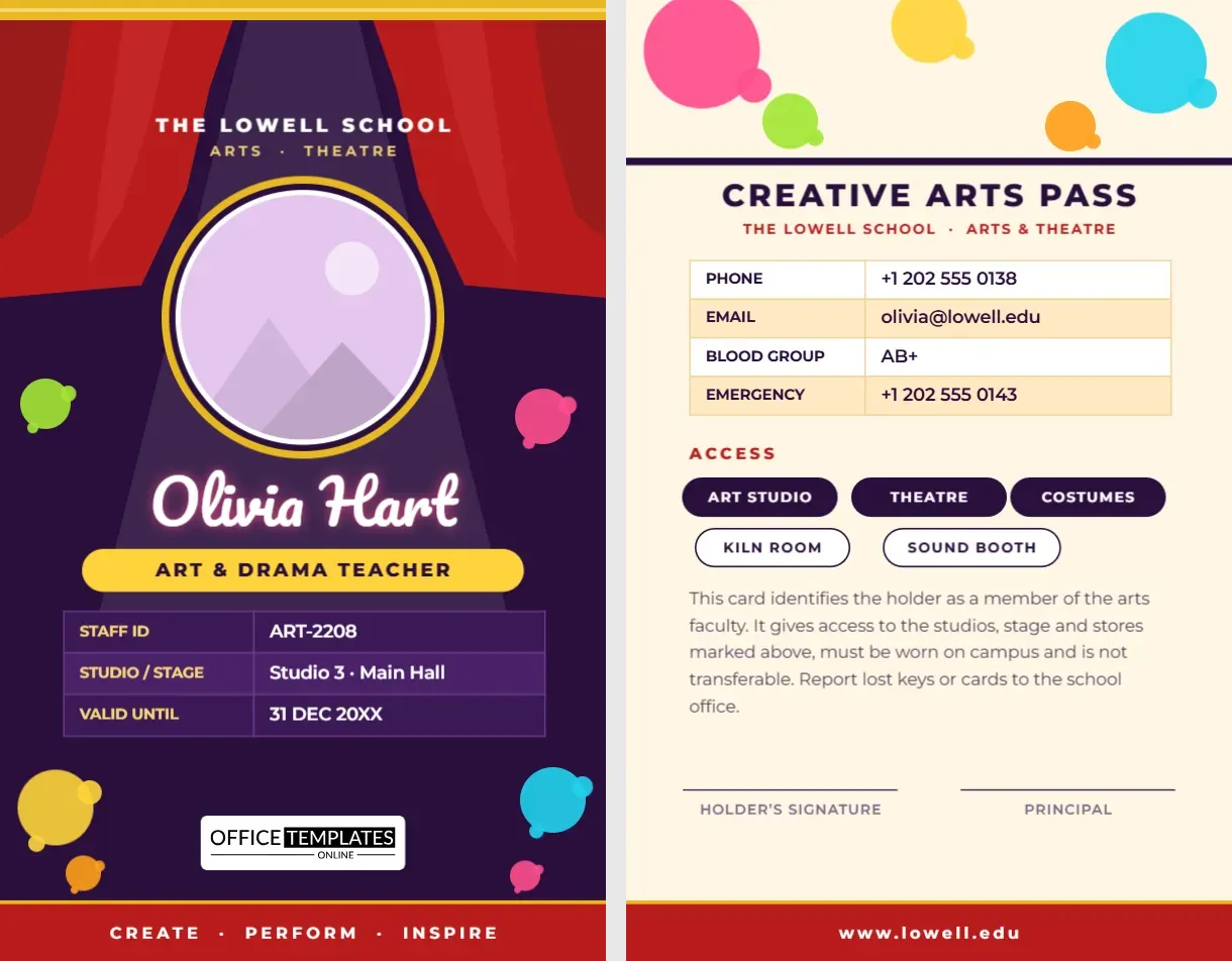 Art and Drama Teacher ID Card Template with Stage Curtain Design
