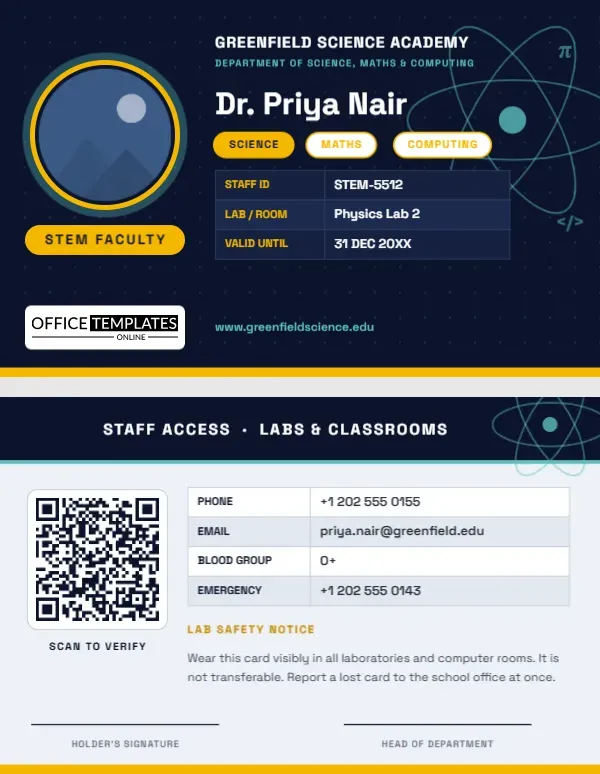Science, Math and Computer Teacher ID Card Template