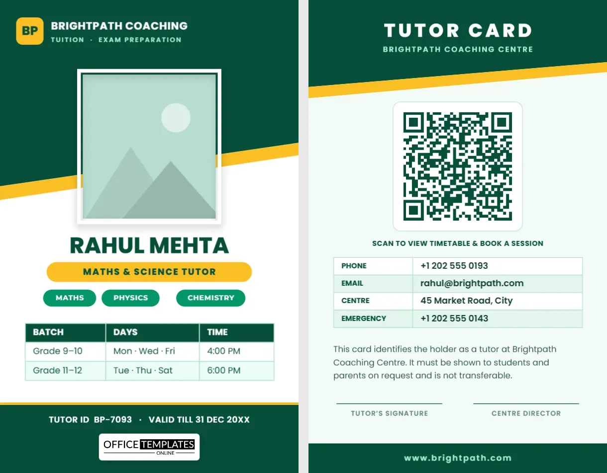 Tutor and Coaching Centre ID Card Template with Batch Timetable