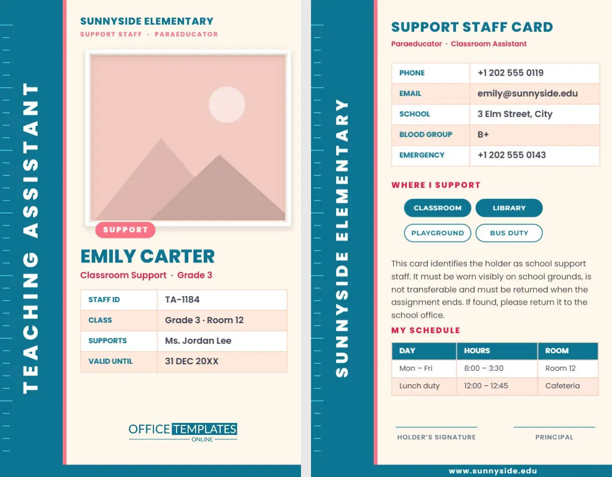 Teaching Assistant and Paraeducator ID Card Template