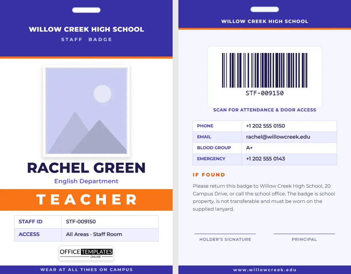 Teacher Staff Badge Template with Lanyard Slot – School ID Badge