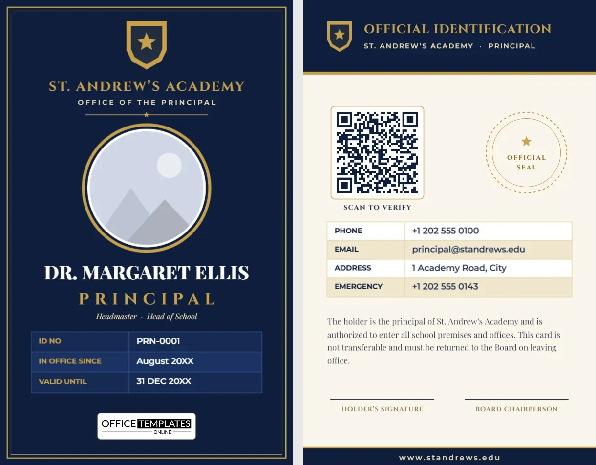 Principal and Headmaster ID Card Template – Formal School Leader ID