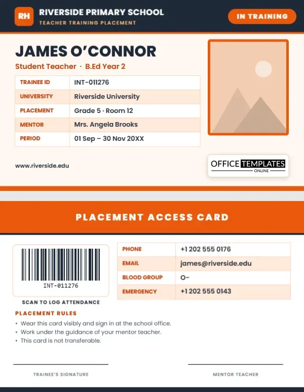 Student Teacher and Intern ID Card Template – Practicum Badge