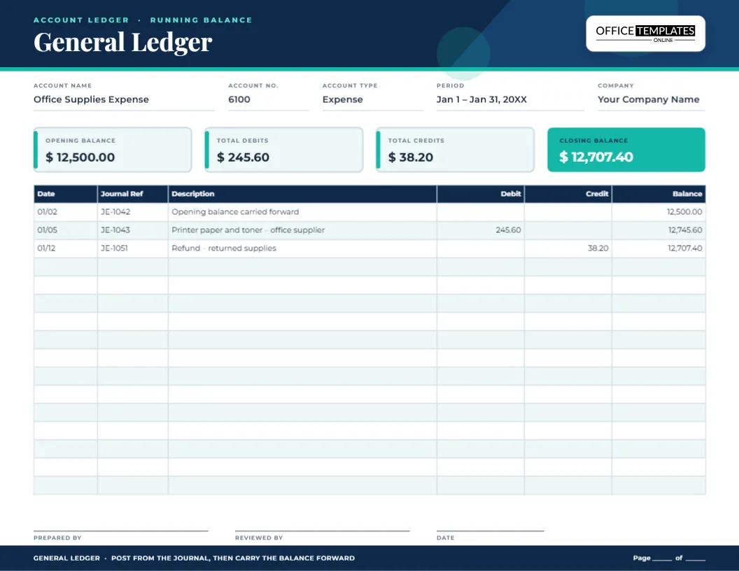 General Ledger Template with Account Summary and Running Balance
