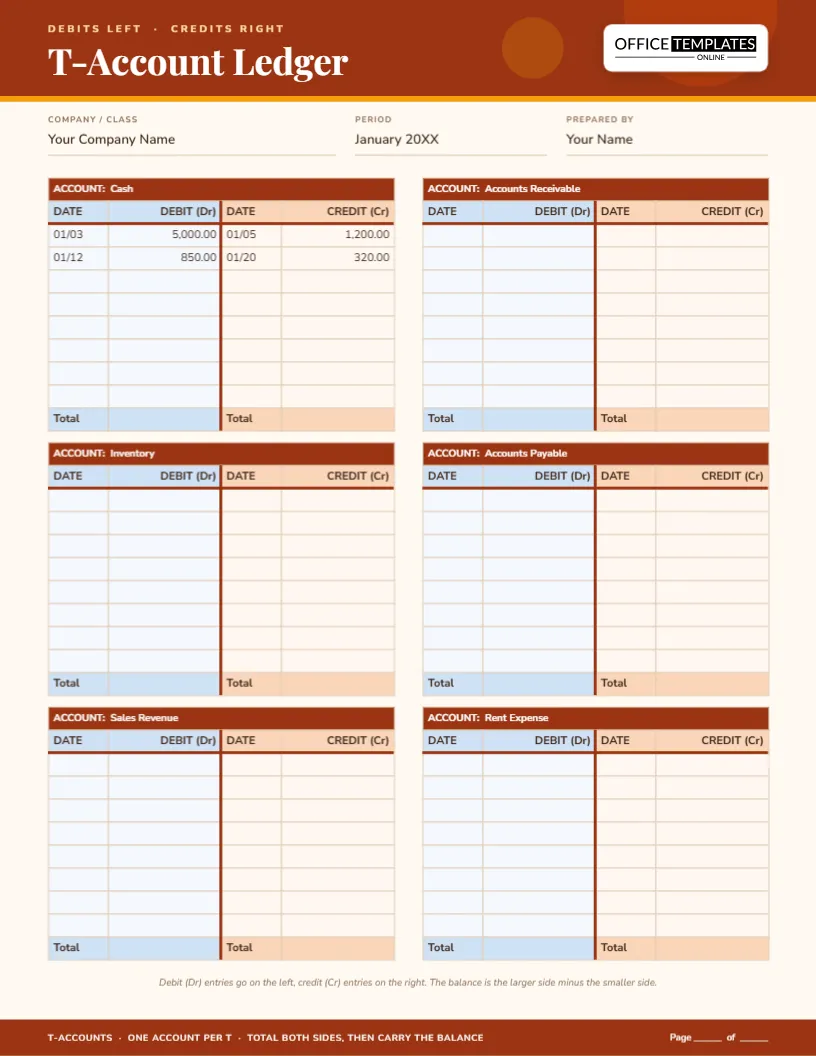 T-Account Ledger Template – Six Printable T-Accounts per Page