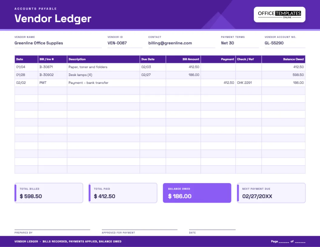 Vendor Ledger Template for Accounts Payable – Track Bills and Payments
